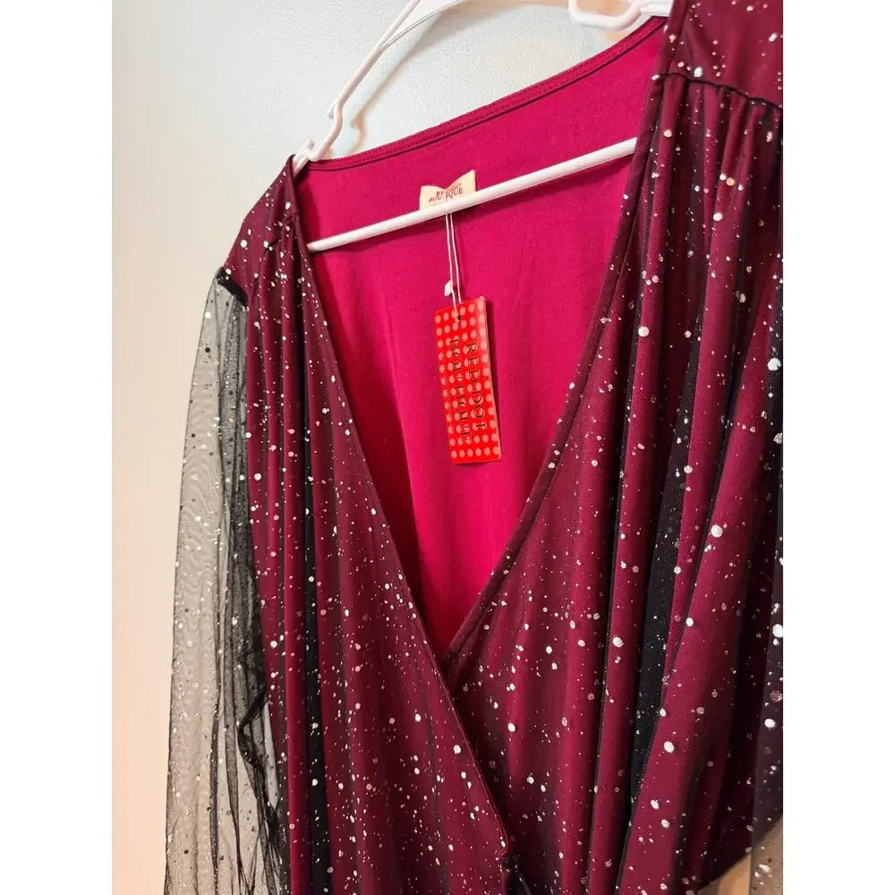 Red Dot Boutique Faux Wrap Dress NWT Burgundy Red Black Glitter Mesh Sleeve 3X